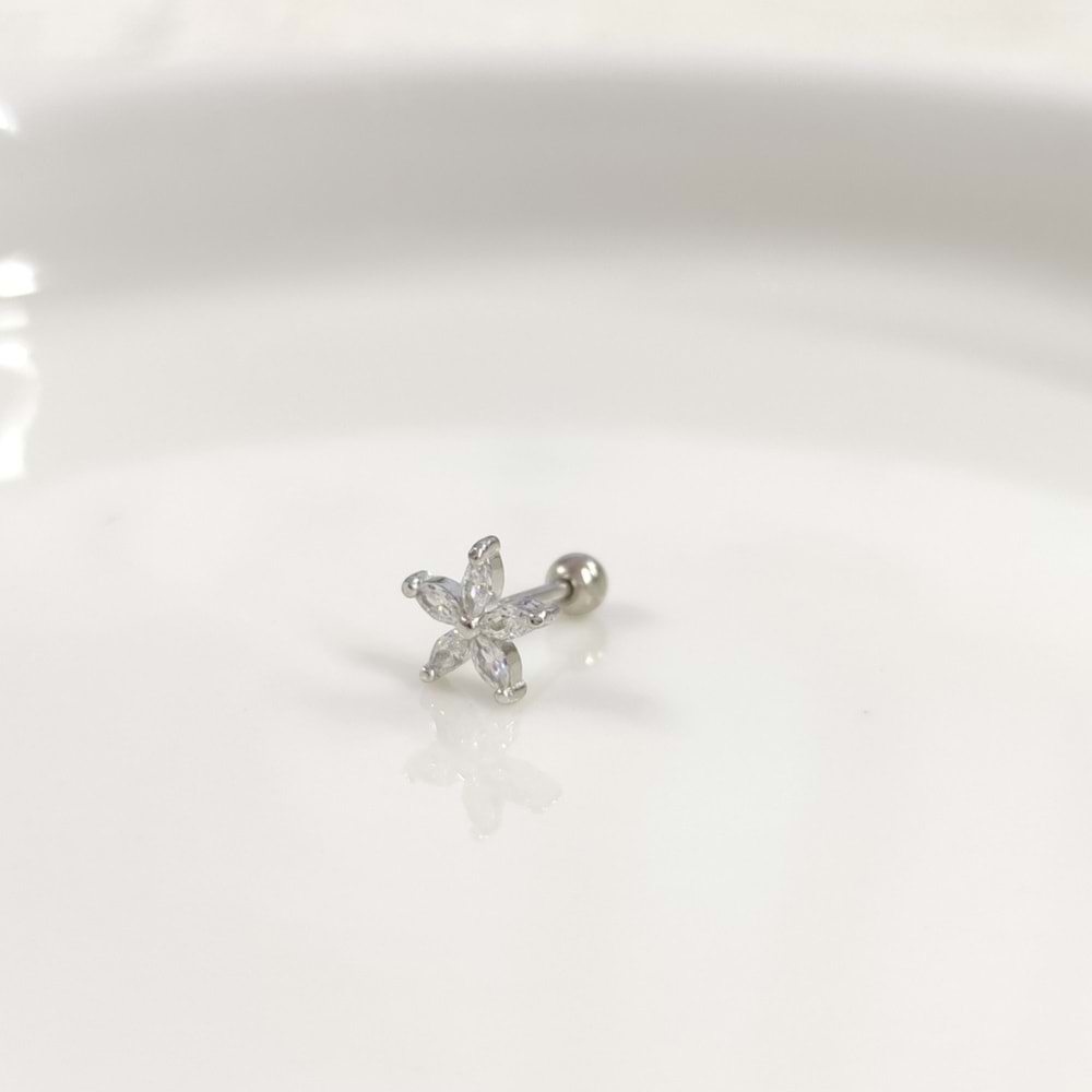 TAŞLI ÇİÇEK GÜMÜŞ TRAGUS PIERCING - RODYUM BEYAZ