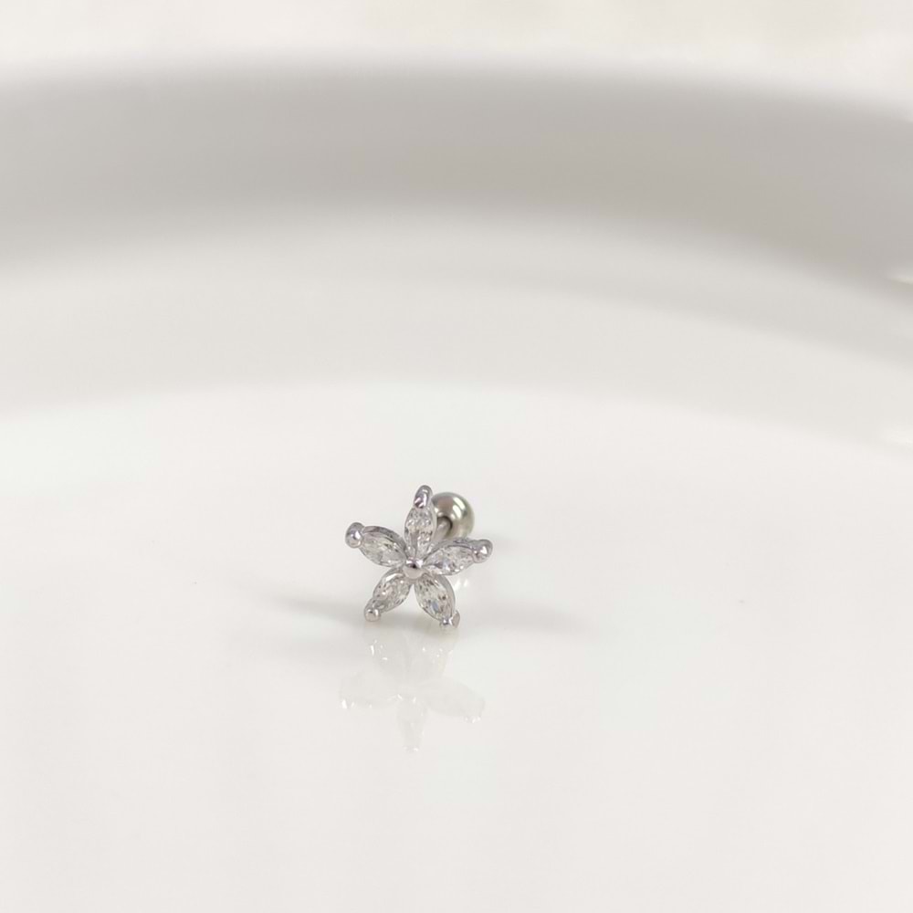 TAŞLI ÇİÇEK GÜMÜŞ TRAGUS PIERCING - RODYUM BEYAZ