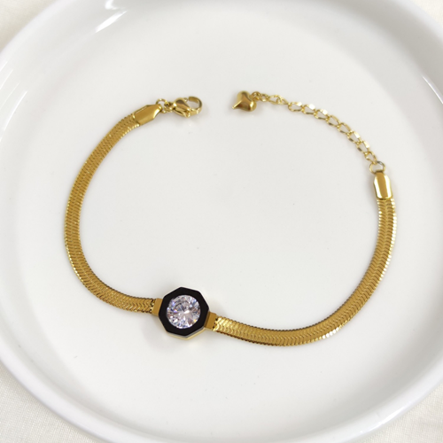 SİYAH DETAY TEK TAŞ ÇELİK BİLEKLİK 17 CM + 4 CM - ALTIN SARI