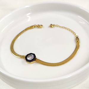 SİYAH DETAY TEK TAŞ ÇELİK BİLEKLİK 17 CM + 4 CM - ALTIN SARI