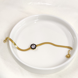 SİYAH DETAY TEK TAŞ ÇELİK BİLEKLİK 17 CM + 4 CM - ALTIN SARI