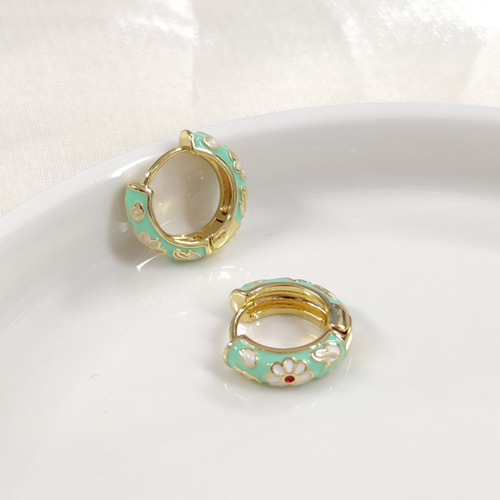 12 MM MİNELİ ÇİÇEKLİ ÇELİK HALKA KÜPE - YEŞİL