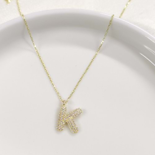 K TAŞLI GÜMÜŞ HARF KOLYE - ALTIN SARI