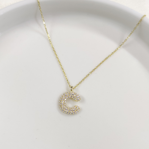 C TAŞLI GÜMÜŞ HARF KOLYE - ALTIN SARI