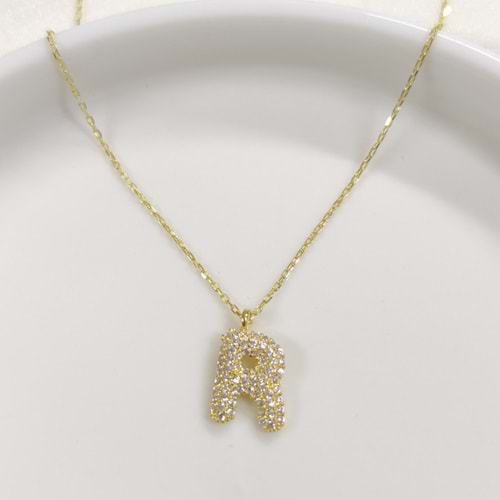 R TAŞLI GÜMÜŞ HARF KOLYE - ALTIN SARI