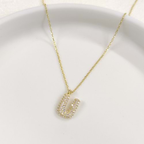 U TAŞLI GÜMÜŞ HARF KOLYE - ALTIN SARI