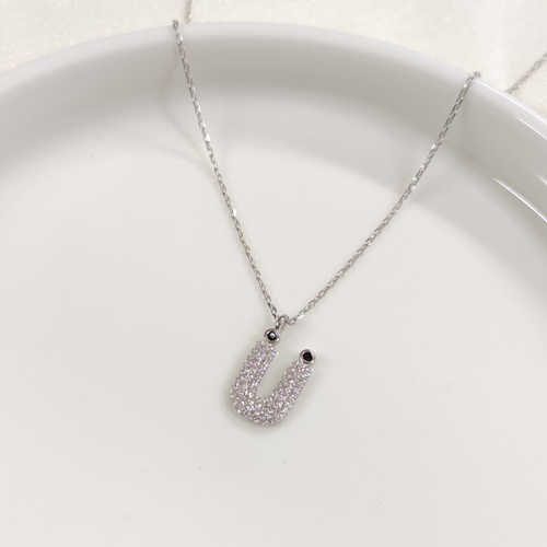 Ü TAŞLI GÜMÜŞ HARF KOLYE - RODYUM BEYAZ