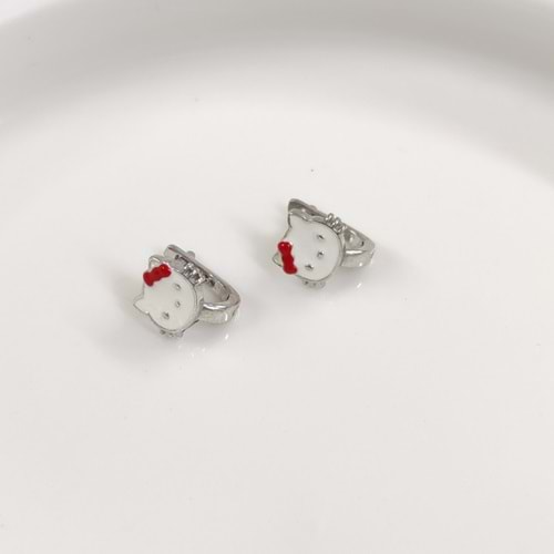 KIRMIZI TOKALI KEDİ GÜMÜŞ ÇOCUK KÜPE - RODYUM BEYAZ