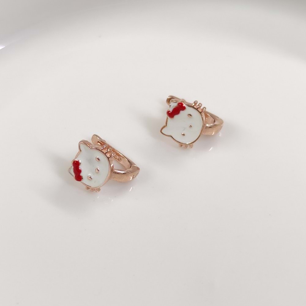 KIRMIZI TOKALI KEDİ GÜMÜŞ ÇOCUK KÜPE - ROSE BAKIR