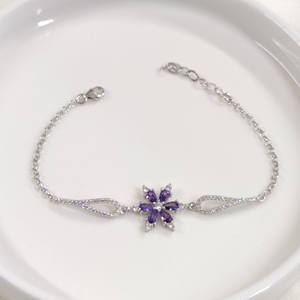 MOR LOTUS ÇİÇEK GÜMÜŞ BİLEKLİK 17+3 CM - RODYUM BEYAZ