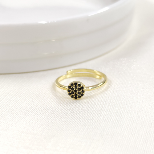 SİYAH TAŞLI YUVARLAK ÇITIR GÜMÜŞ YÜZÜK - ALTIN SARI