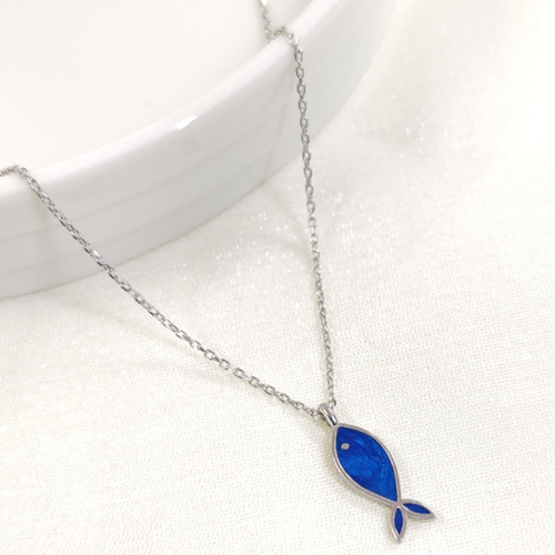 MİNELİ LACİ 1,6 CM BALIK GÜMÜŞ KOLYE - RODYUM BEYAZ