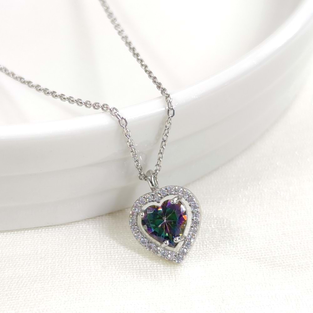 MİSTİK TOPAZ TAŞLI KALP GÜMÜŞ KOLYE - RODYUM BEYAZ