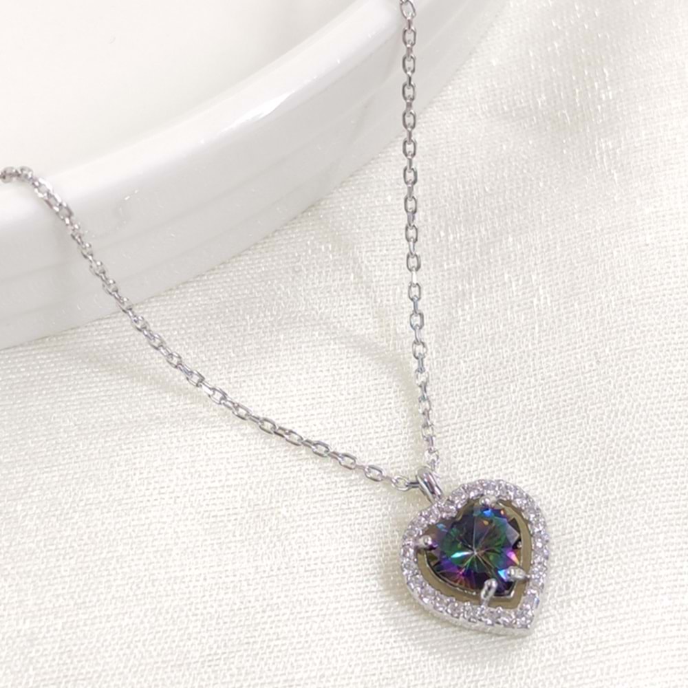 MİSTİK TOPAZ TAŞLI KALP GÜMÜŞ KOLYE - RODYUM BEYAZ