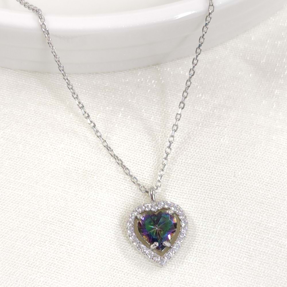 MİSTİK TOPAZ TAŞLI KALP GÜMÜŞ KOLYE - RODYUM BEYAZ