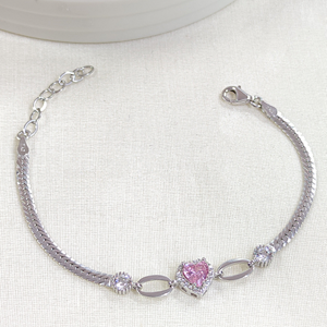 YASSI ZİNCİRLİ TAŞLI PEMBE KALP GÜMÜŞ BİLEKLİK 16 CM+3 - RODYUM BEYAZ