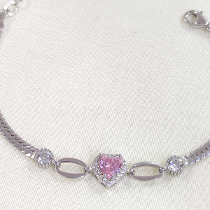 YASSI ZİNCİRLİ TAŞLI PEMBE KALP GÜMÜŞ BİLEKLİK 16 CM+3 - RODYUM BEYAZ