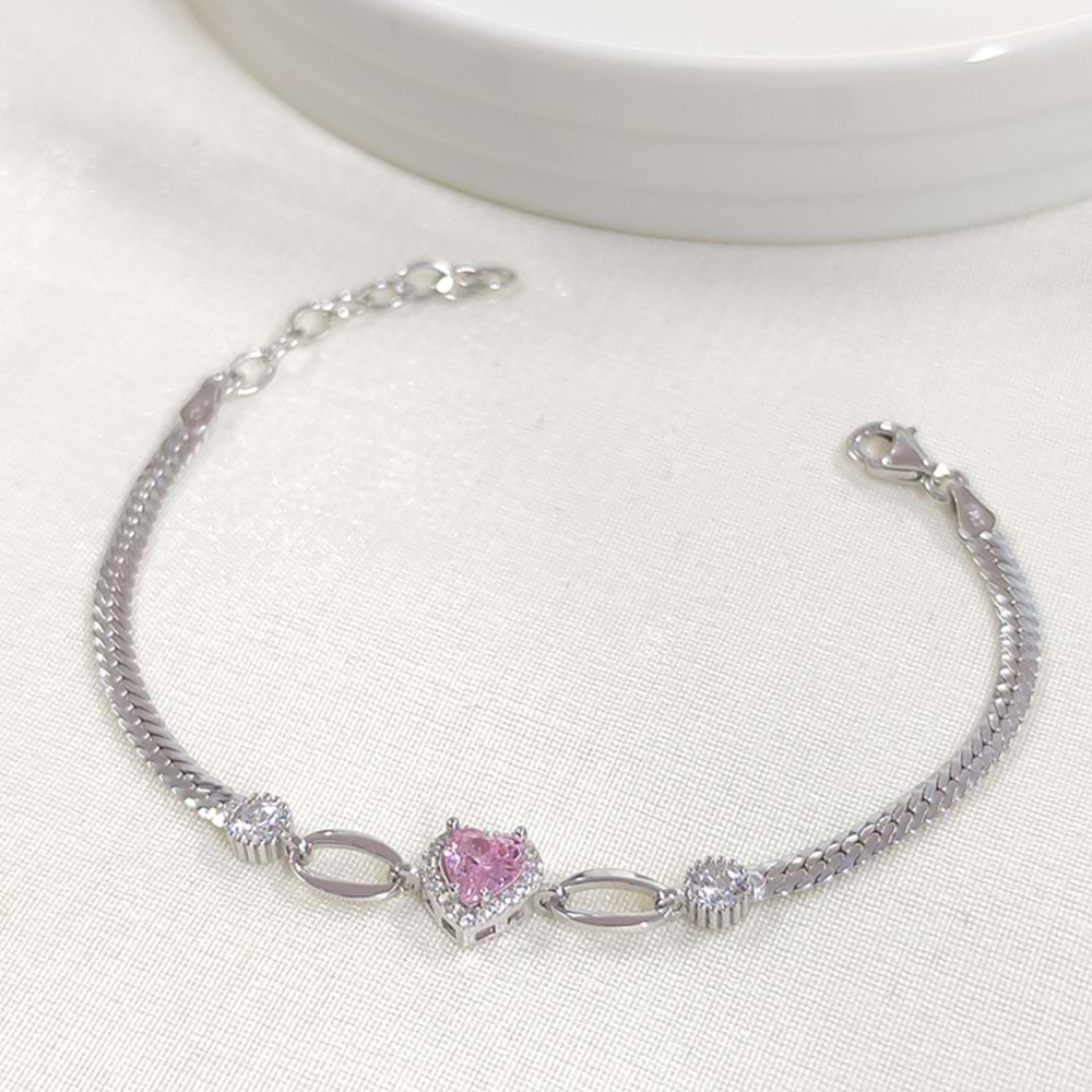 YASSI ZİNCİRLİ TAŞLI PEMBE KALP GÜMÜŞ BİLEKLİK 16 CM+3 - RODYUM BEYAZ