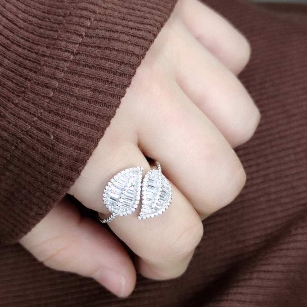 İTHAL BAGET TAŞ DETAYLI YAPRAK GÜMÜŞ YÜZÜK - 19