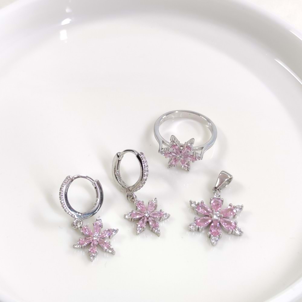 14 MM PEMBE LOTUS ÜÇLÜ GÜMÜŞ SET