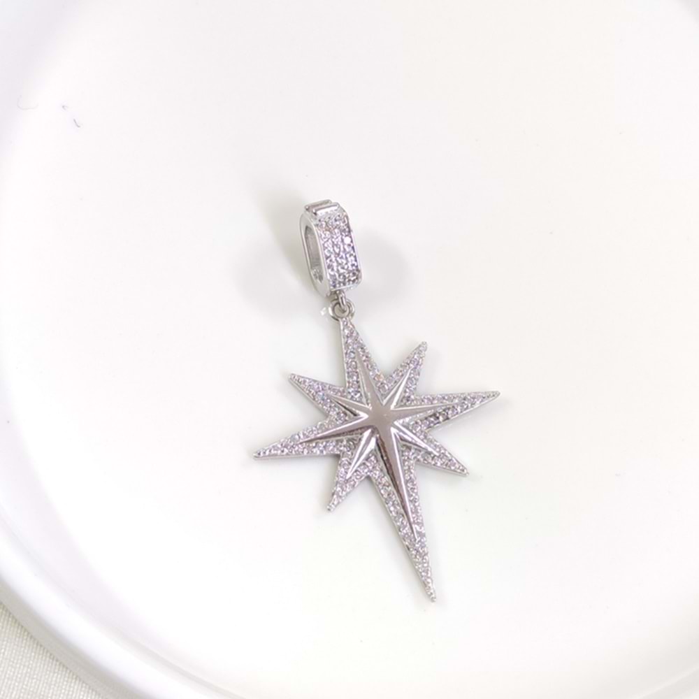 TAŞLI KUTUP YILDIZI GÜMÜŞ KOLYE UCU 4CM - RODYUM BEYAZ
