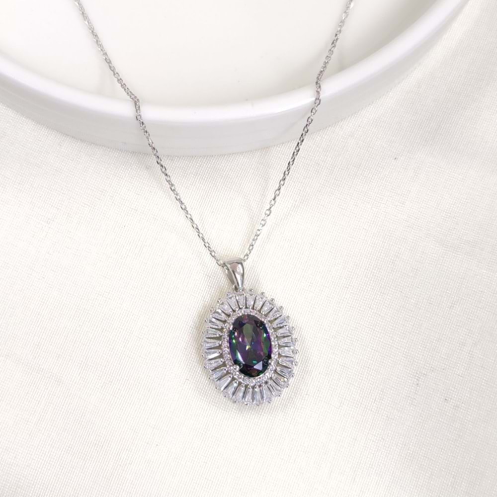 22X18 MM MİSTİK TOPAZ TAŞLI OVAL GÜMÜŞ KOLYE 40+5 CM