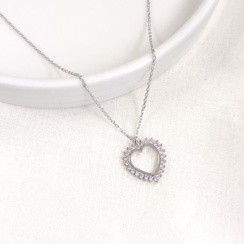 15 MM TAŞLI KALP GÜMÜŞ KOLYE 40+5 CM - RODYUM BEYAZ