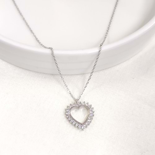 15 MM TAŞLI KALP GÜMÜŞ KOLYE 40+5 CM