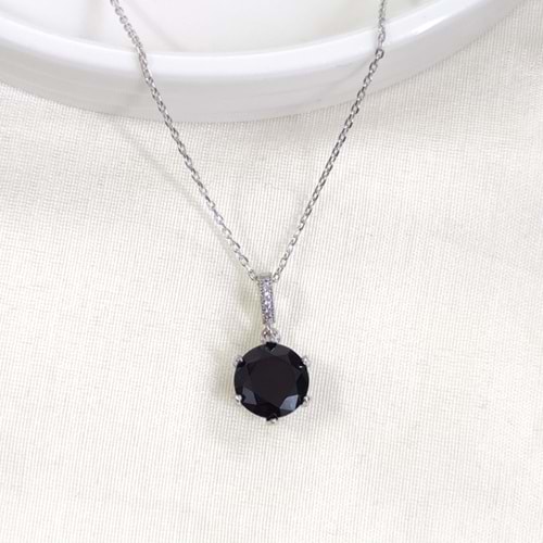 12 MM SİYAH TEK TAŞLI GÜMÜŞ KOLYE 40+5 CM
