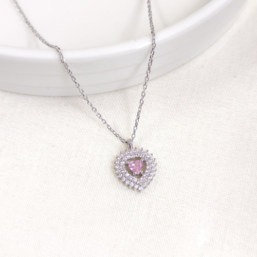 12 MM PEMBE TAŞLI KALP GÜMÜŞ KOLYE 40+5 CM