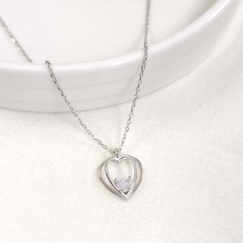 12 MM ZİRKON TAŞLI KALP GÜMÜŞ KOLYE 40+5 CM