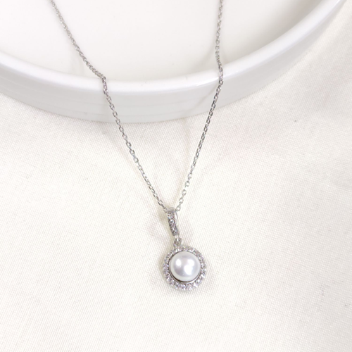 12 MM İNCİ GÜMÜŞ KOLYE 40+5 CM - RODYUM BEYAZ