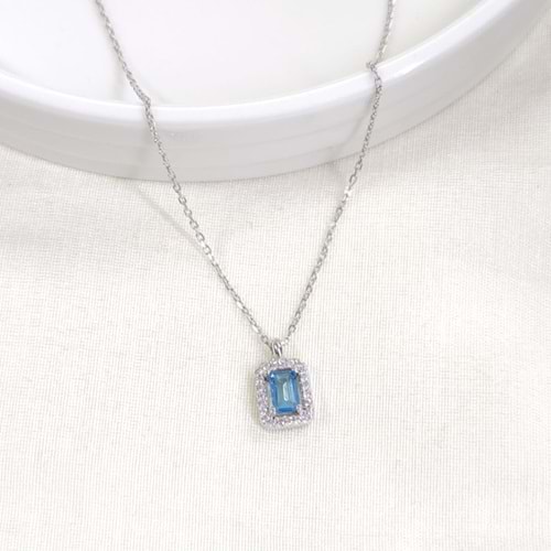 10 MM MAVİ BAGET GÜMÜŞ KOLYE 40+5 CM