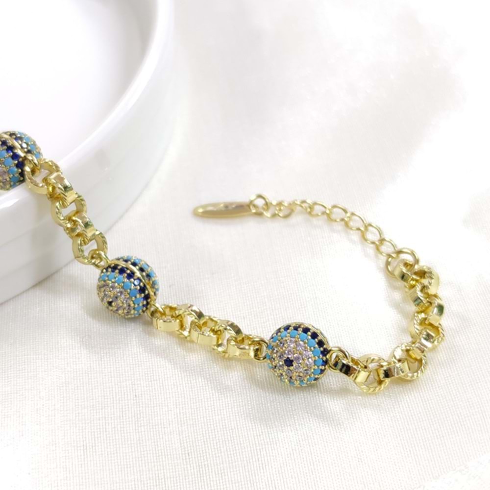 XUPING ÜÇLÜ SOSYETE GÖZÜ NAZAR BONCUKLU BİLEKLİK 17+3 CM - ALTIN SARI