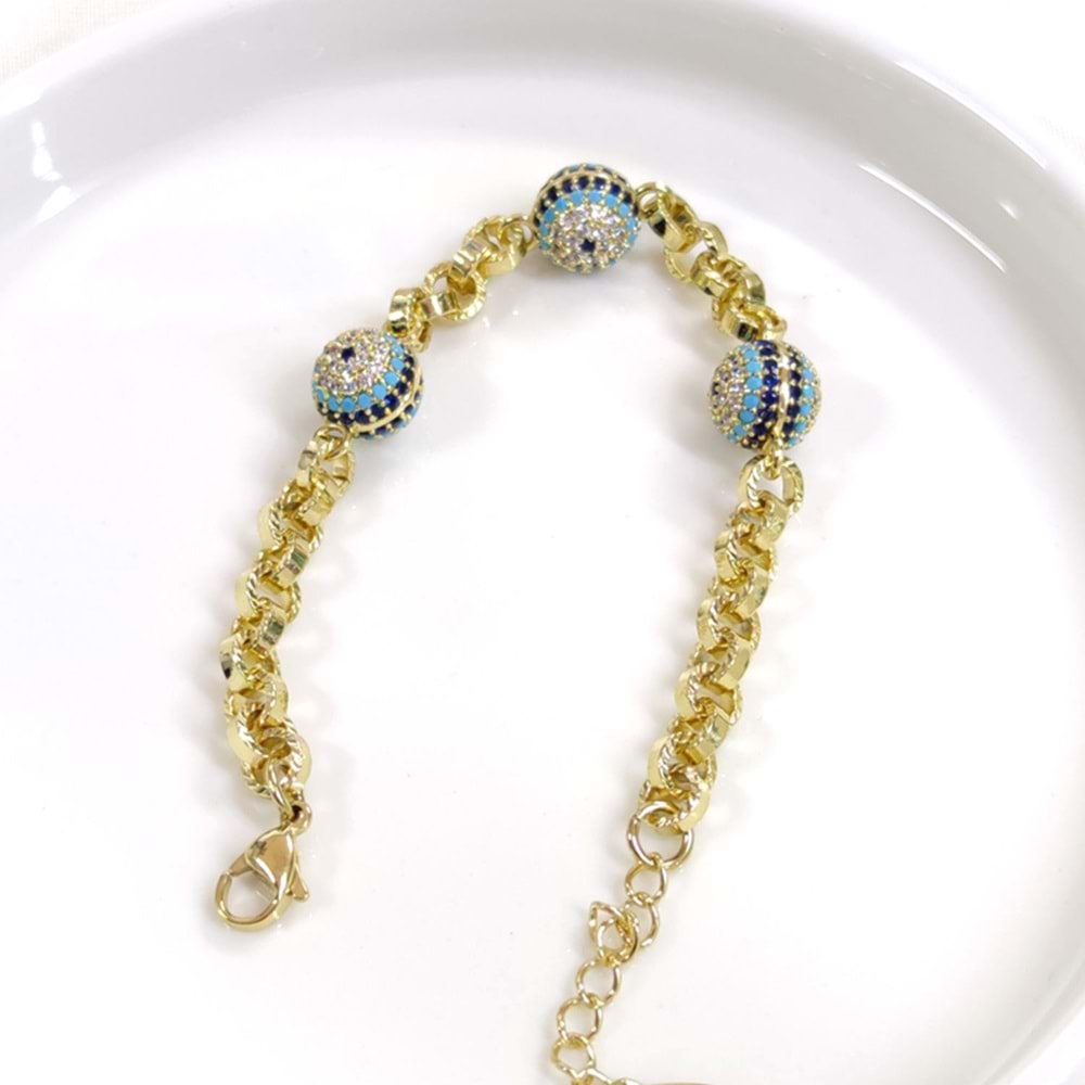 XUPING ÜÇLÜ SOSYETE GÖZÜ NAZAR BONCUKLU BİLEKLİK 17+3 CM - ALTIN SARI