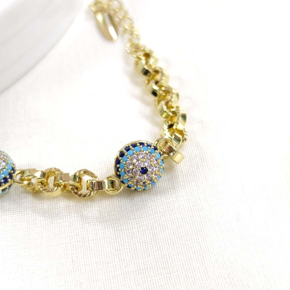 XUPING ÜÇLÜ SOSYETE GÖZÜ NAZAR BONCUKLU BİLEKLİK 17+3 CM - ALTIN SARI