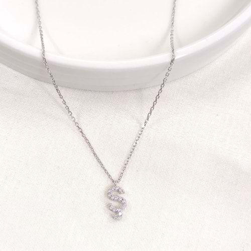 1 CM TAŞLI Ş HARF GÜMÜŞ KOLYE 40+5 CM - RODYUM BEYAZ