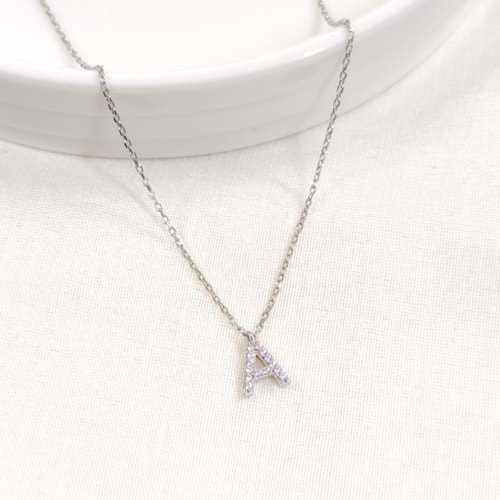 1 CM TAŞLI A HARF GÜMÜŞ KOLYE 40+5 CM - RODYUM BEYAZ