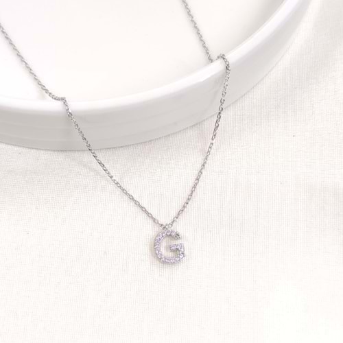 1 CM TAŞLI G HARF GÜMÜŞ KOLYE 40+5 CM - RODYUM BEYAZ