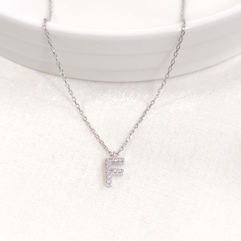 1 CM TAŞLI F HARF GÜMÜŞ KOLYE 40+5 CM - RODYUM BEYAZ