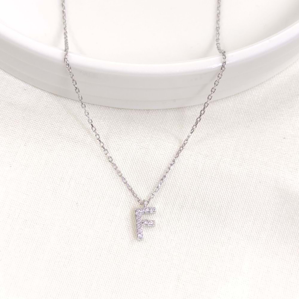 1 CM TAŞLI F HARF GÜMÜŞ KOLYE 40+5 CM - RODYUM BEYAZ