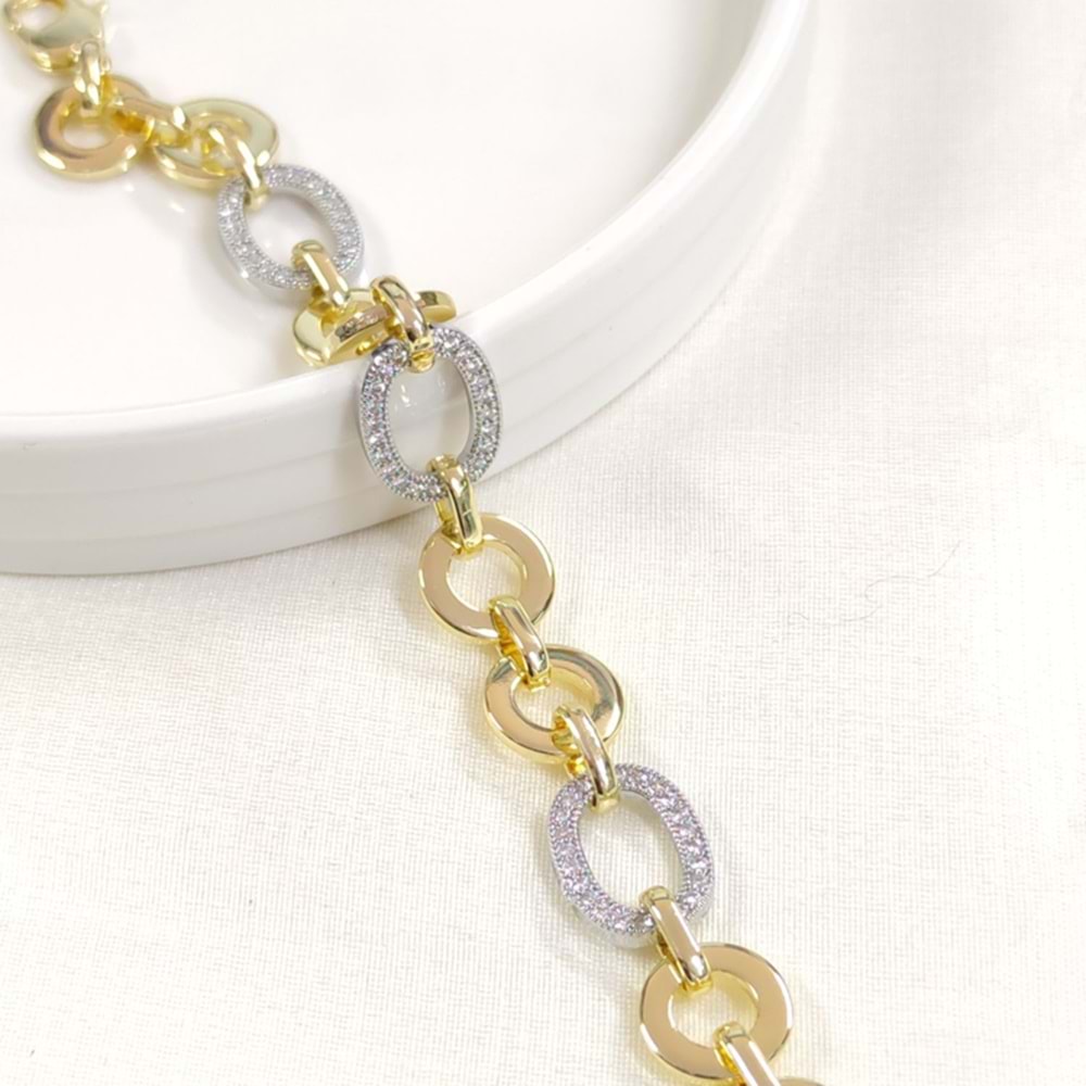 FULLYX TAŞ DETAYLI OVAL BİLEKLİK BEYAZ VE GOLD 19 CM