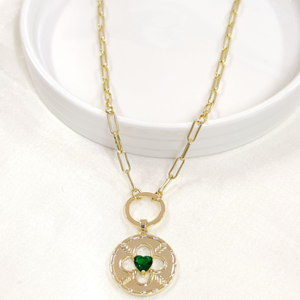 FULLYX YEŞİL TAŞLI PLAKA YONCA KOLYE 52+5 CM - ALTIN SARI