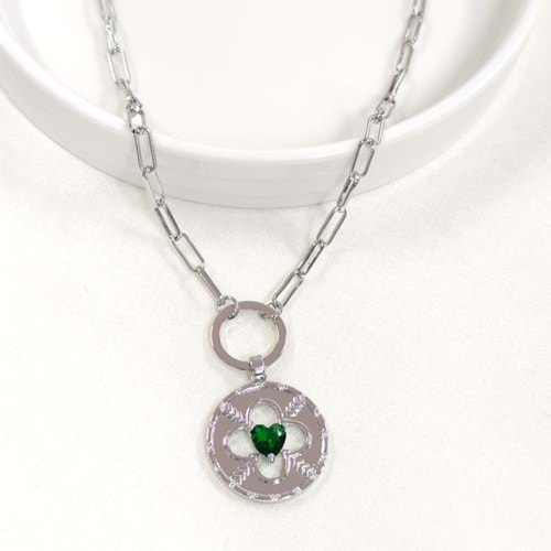 FULLYX YEŞİL TAŞLI PLAKA YONCA KOLYE 52+5 CM