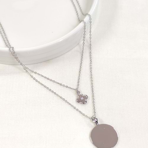 FULLYX 2 CM PLAKA VE ÇİÇEKLİ İKİLİ KOMBİN ZİNCİR KOLYE BEYAZ 40+5 CM