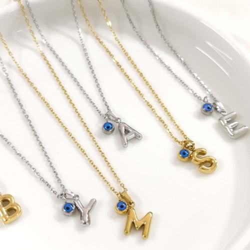 ÇELİK 1 CM NAZAR BONCUKLU MİNİ HARF KOLYE - ALTIN SARI - A HARFİ