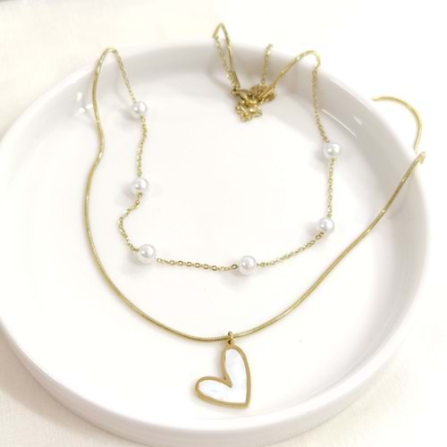 ÇELİK İNCİLİ SEDEF KALP KOMBİN İKİLİ KOLYE