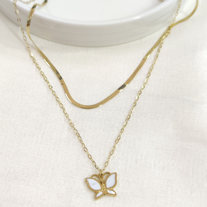 ÇELİK YASSI ZİNCİRLİ SEDEF KELEBEK KOMBİN İKİLİ KOLYE