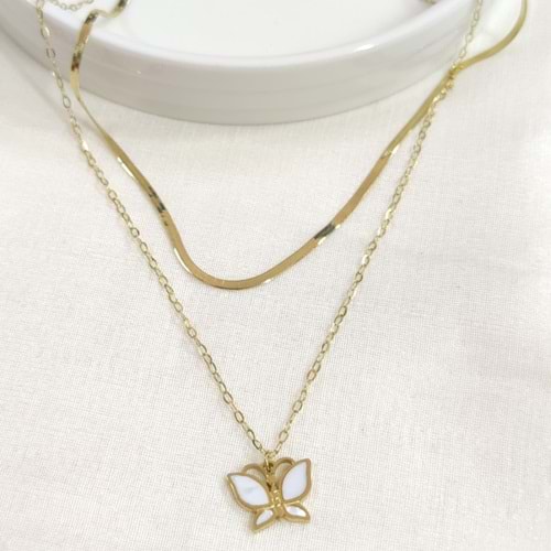 ÇELİK YASSI ZİNCİRLİ SEDEF KELEBEK KOMBİN İKİLİ KOLYE