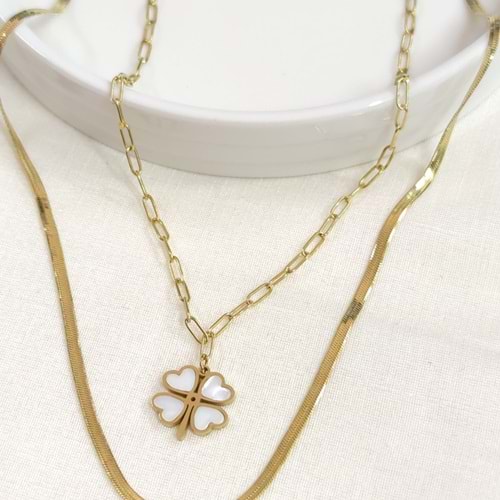 ÇELİK SEDEF YONCA KOMBİN İKİLİ KOLYE